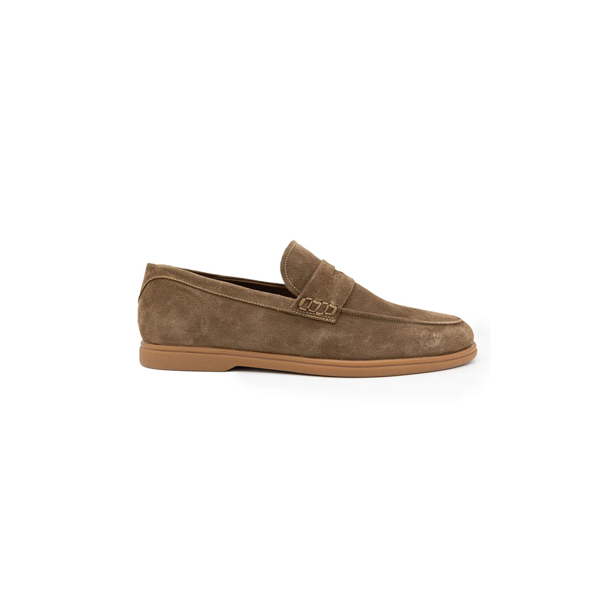 COLLARS AND CO&#39;s Sigaro Penny Loafers in dark tobacco suede are men&#39;s slip-on loafers with low heels, rubber soles, and a decorative strap across the top, shown against a white background.