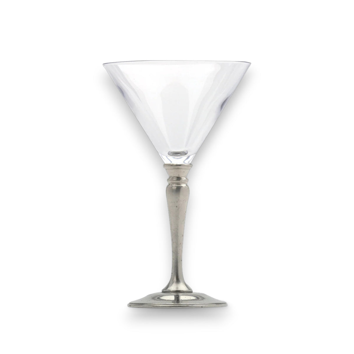 A martini with an olive and lemon twist in a MATCH - CLASSIC MARTINI GLASS by MATCH sits beside bowls of green olives, cocktail onions, and pickles against a dark background.