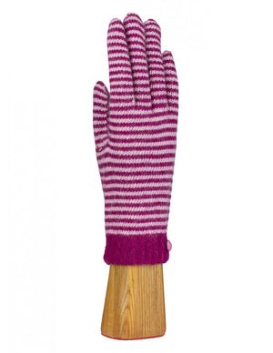 The WOOL AND ANGORA KNITTED GLOVES by SANTACANA MADRID WORLD GLOVE COMPANY, featuring horizontal blue and gray stripes and a small button detail near the wrist, are displayed on a wooden hand model. These gloves offer mobile phone compatibility with their angora-like design.