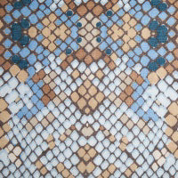 A detailed view of the KINROSS GEO SKIN Cashmere and Silk Scarf reveals a geometric, symmetrical pattern in shades of brown, white, and blue. The intricate design forms a mosaic-like appearance, reminiscent of woven silk.