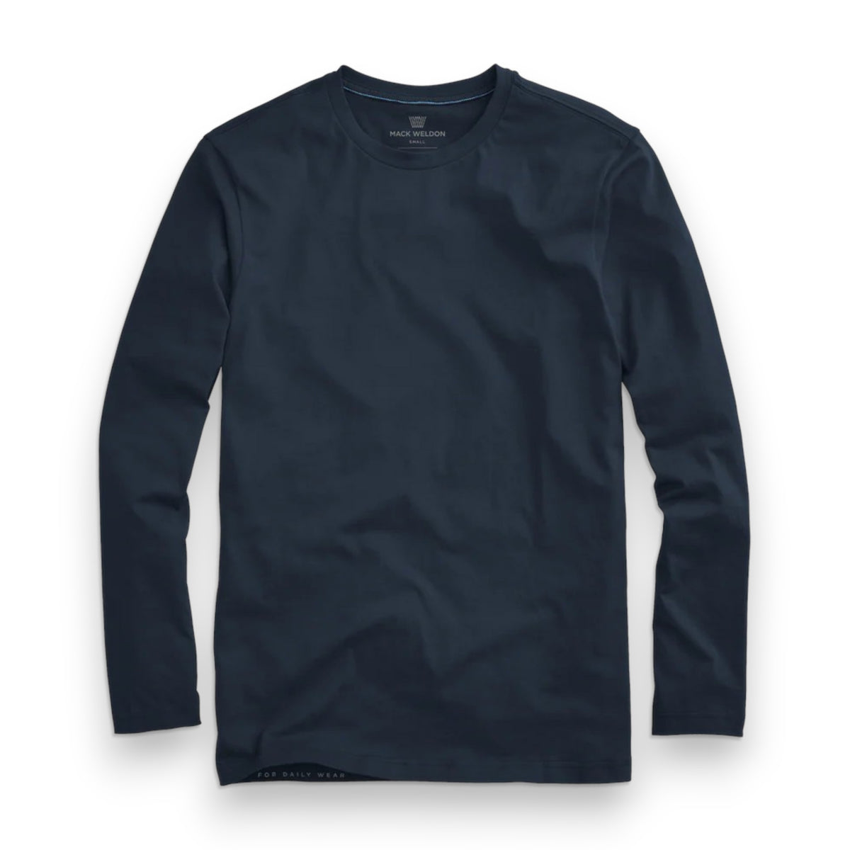 The MACK WELDON Pima Long Sleeve T-Shirt, in dark navy blue, is shown laid flat on a white background with a plain crewneck front and no visible patterns or logos.