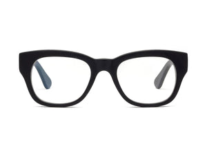 A pair of the CADDIS - MIKLOS READERS with green, square frames is displayed against a white background. The thick, glossy frames made from premium acetate offer a bold and stylish look, and the lenses are scratch-resistant.