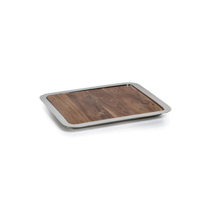 The BRASSERIE STEEL & ACACIA GASTRONOMY BOARD by ZODAX is a rectangular tray featuring a shiny metallic border and a wooden base. The acacia surface shows natural grains and knots, giving it a rustic appearance. With dimensions of 14.25 in x 12.25 in x .75 in, the tray rests on a white background.