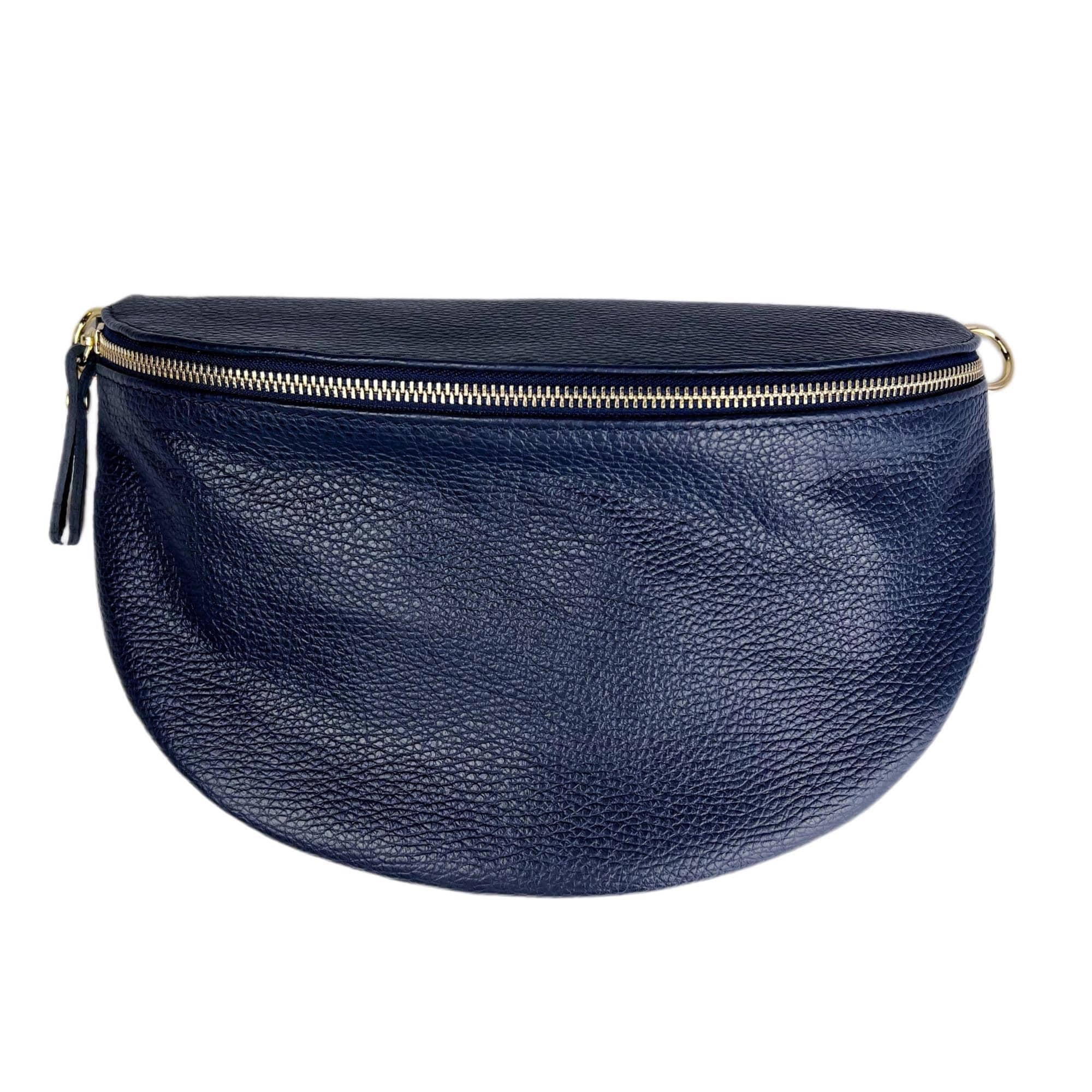 The MIRAMI FIRENZE LEATHER CROSSBODY BUM BAG is a blue, semicircular clutch crafted from slightly pebbled real leather. It features a top gold zipper and a small leather tassel zipper pull, enhanced by gold-colored metal accessories.