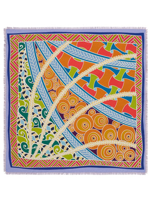 The FRANCO FERRARI - CIALDA DOUBLE SIDED FRINGE SILK SCARF 90CM, made of 100% silk, features a vibrant double-sided pattern in green, pink, orange, white, and brown hues. This colorful scarf can be folded into a triangle and tied at the top and is finished with fringed edges.