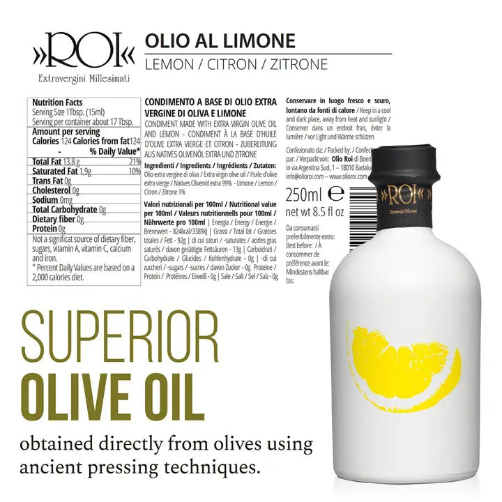 A white bottle with a black cap featuring the gold embossed logo "Roi" at the top. The front of the bottle displays a bright yellow graphic of a lemon slice, hinting at its fresh zest. This elegant design makes it perfect for showcasing Extra Virgin Olive Oil in your kitchen.

Product Data:
  Product Name: MERCATO DI BELLINA - ITALIAN lEMON INFUSED OLIVE OIL
  Brand Name: MERCATO DI BELLINA