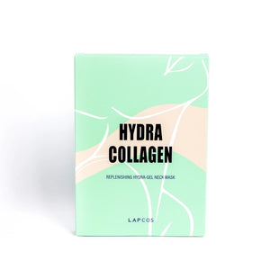 The LAPCOS - HYDRA COLLAGEN NECK MASK comes in a mint green box adorned with abstract white and beige lines. The packaging is labeled "Hydra Collagen Replenishing Hydra-Gel Neck Mask," enriched with Marine Collagen and Hyaluronic Acid, with the brand name "LAPCOS" printed at the bottom.