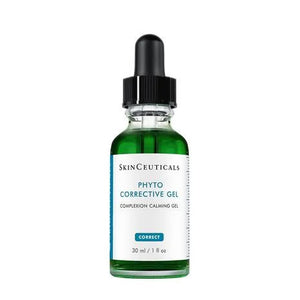 A 30 ml green bottle of SKINCEUTICALS - PHYTO CORRECTIVE GEL with a black dropper cap. The label reads "SKINCEUTICALS - PHYTO CORRECTIVE GEL, Complexion Calming Gel, Correct." This calming and hydrating gel is ideal for sensitive skin and packed with botanical ingredients. The bottle is set against a white background.