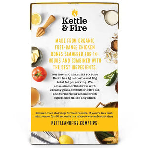 A yellow carton of KETTLE & FIRE - BUTTER CHICKEN KETO BONE BROTH is shown. Nutritional information includes 10g total fat and 1g net carbs per serving. Made from organic, free-range chicken bones and grass-fed butter, it boasts a velvety-smooth finish. The net weight is 16.9 oz (479g) and it's labeled gluten-free.