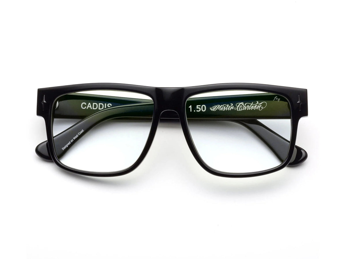 A pair of CADDIS - MISTER CARTOON READERS rectangular black eyeglasses with a premium acetate frame, “CADDIS” on the left arm and “1.50” on the right lens, shown against a white background.