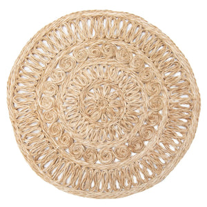 Close-up of a CIRCOLO ABACA ROUND PLACEMAT by COULEUR NATURE, featuring intricately handwoven circular and loop patterns. The coarse texture showcases shades of beige and brown, highlighting the artistry typical of natural abaca woven placemats.