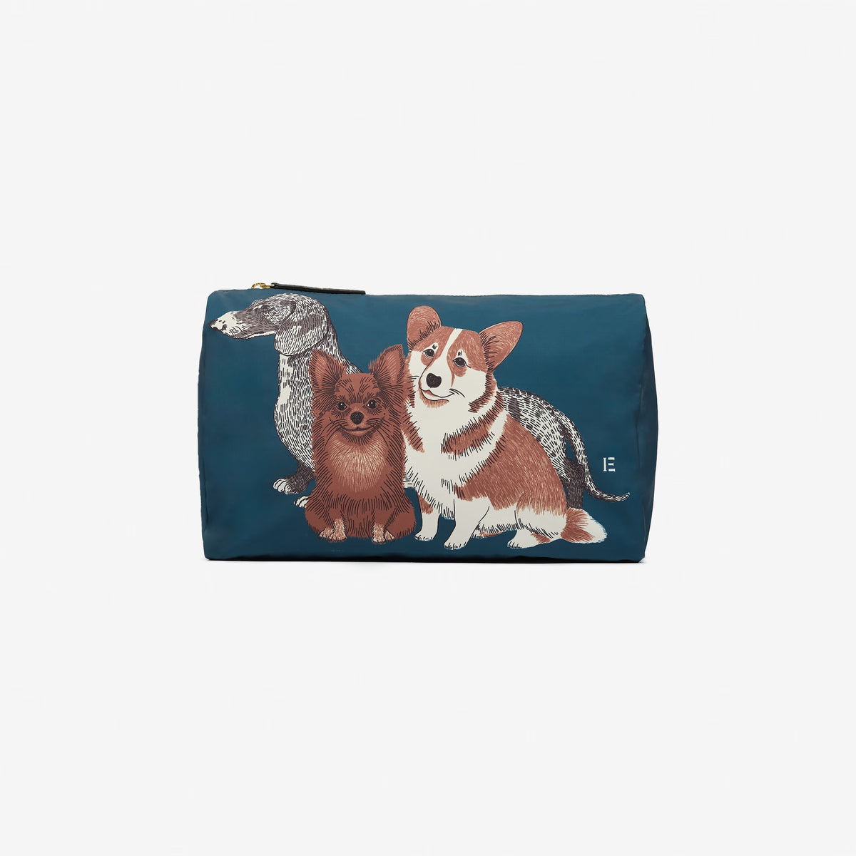 The INOUI EDITIONS TOUTOU Doggie Nylon Cosmetic Case in Duck Blue features black and white illustrations of a pug and a fluffy Pomeranian standing side by side.