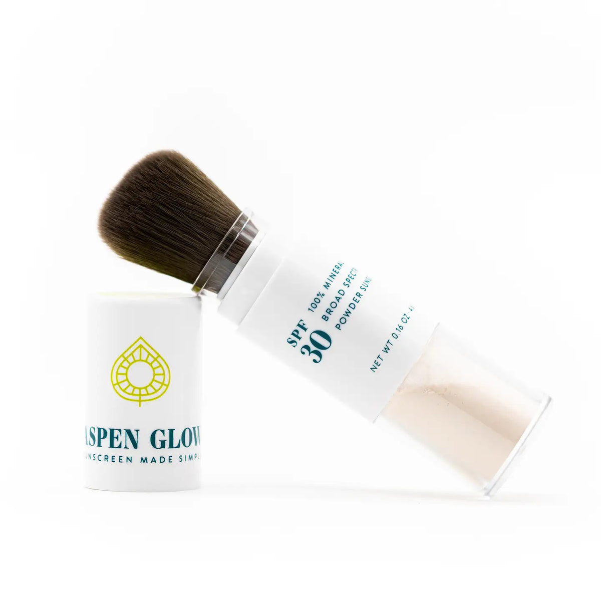 ASPEN GLOW offers a mineral sunscreen brush in a white-clear container with &quot;Aspen Glow&quot; text and logo. Featuring soft brown bristles, it applies translucent powder seamlessly for SPF 30 UV protection.
