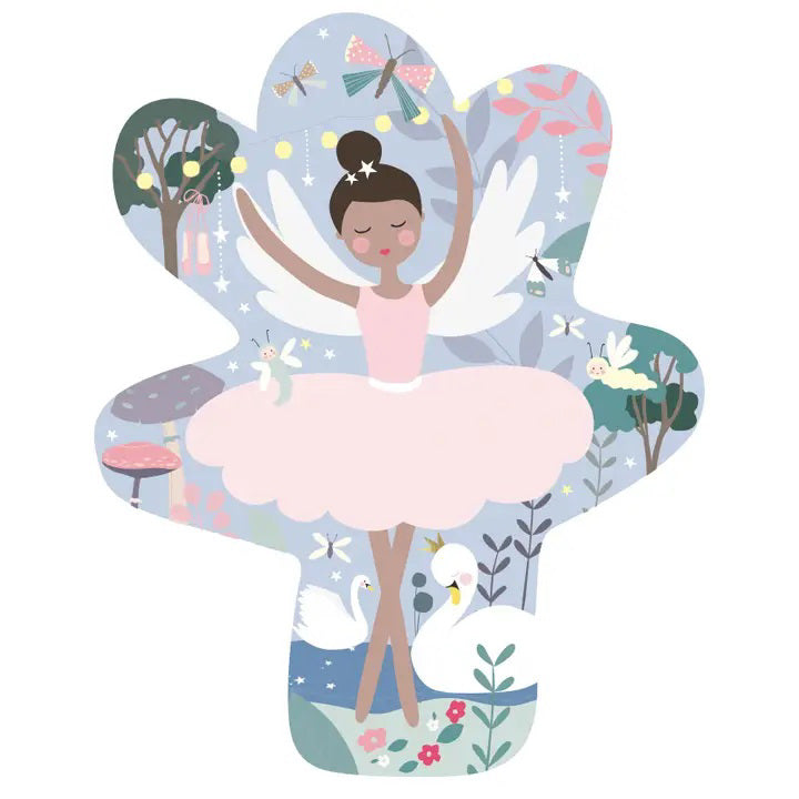 The FLOSS &amp; ROCK Enchanted Ballerina Jigsaw Puzzle 12PC features colorful packaging with a magical design of the Enchanted Ballerina with wings, stars, and butterflies, enhanced by pastel stripes and shiny foiled details. It&#39;s perfect for beginners aged 2 and up.