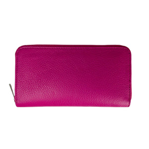 Introducing the LEATHER WALLET by MIRAMI FIRENZE: a vibrant pink, large rectangular wallet boasting a smooth, minimalist design. It features a zip closure along the top and right edge and has a slightly textured surface.