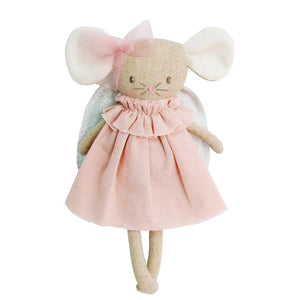 The ALIMROSE - BABY ANGEL MOUSE PINK SILVER by ALIMROSE is a fabric doll resembling a baby angel mouse, dressed in a pink outfit featuring a ruffled neckline and a matching bow on one ear. It boasts large white ears, sparkly wings, and showcases a minimalist face with stitched details.