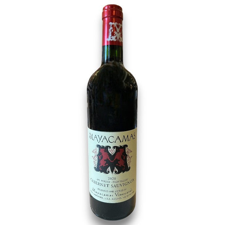 A bottle of MAYACAMAS CABERNET SAUVIGNON 2020 from WINE: KELLOGG SELECTIONS, featuring a red foil top, cream label, and bold red &quot;M&quot;—an outstanding Napa Valley wine.