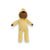 An adorable DOZY DINKUM DOLL by OLLI ELLA USA, featuring soft brown fabric skin, closed embroidered eyes, and short black hair, is dressed in a charming yellow onesie adorned with a rainbow design on the chest. Perfect as a first toy, the doll is lying on a white, quilted surface.