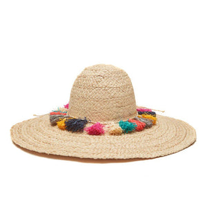 A beautiful MAR Y SOL - PALOMA SUN HAT, featuring a wide brim and colorful tassels around the crown that highlight exquisite artisan craftsmanship, set against a white background.