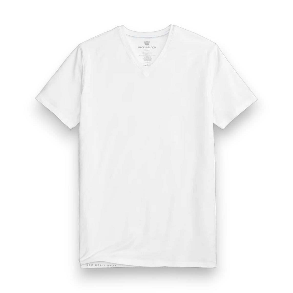 The MACK WELDON - SILVER V NECK T-SHIRT by MACK WELDON is a slim-fit, plain white Supima cotton short-sleeve v-neck tee displayed flat on a white background, highlighting its simple and minimalistic design.