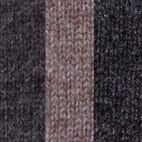 Close-up of three knitted fabric samples side by side with the luxurious look of Kinross Cashmere. The left and right sections are dark gray, while the center is light brown. Each section, reminiscent of the fine craftmanship in the Men's Cashmere Plaited Trim Zip Mock Cardigan by KINROSS, features a distinct knitting pattern—some even in 4ply—highlighting the exquisite texture and fibers.