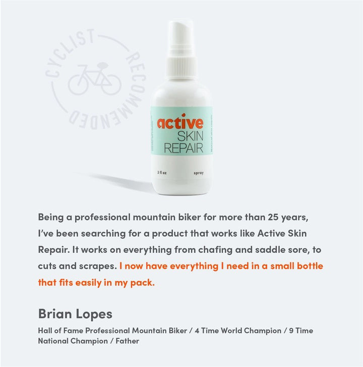 A white spray bottle labeled "ACTIVE SKIN REPAIR - SPRAY ACTIVE SKIN REPAIR" sits at the center of a gray background. Below it, professional mountain biker Brian Lopes shares his testimonial, praising the effectiveness of this hypochlorous (HOCl) formula from ACTIVE SKIN REPAIR for various skin issues and wound care.