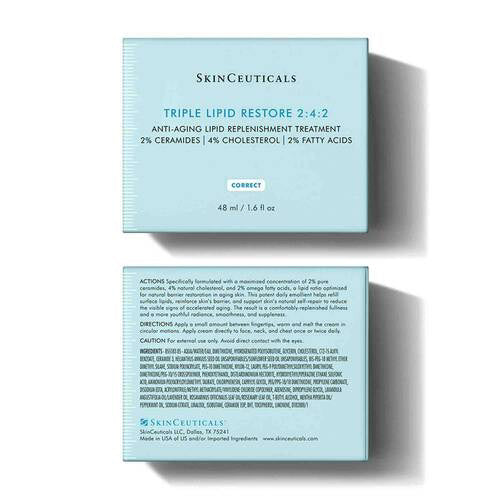 Two light blue rectangular boxes of SKINCEUTICALS - TRIPLE LIPID 48ML, an anti-aging lipid replenish cream with ceramides. The top box displays the product name, size, and key ingredients. The bottom box provides product details, directions, and caution in small text.