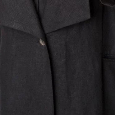 Close-up of a dark gray LOESS linen Grete dress showcasing balloon sleeves, a wide collar with one visible button. The textured fabric provides depth, and the subtle A-line silhouette adds elegance.