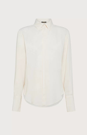 A SEVENTY - SILK BLEND BLOUSE in white is displayed against a light grey background. This long-sleeved, button-up shirt, made in Italy by the brand SEVENTY, features a classic pointed collar and buttoned cuffs. It boasts a smooth, minimalist design with no visible logos or pockets and is crafted from luxurious silk-blend crepe de chine.