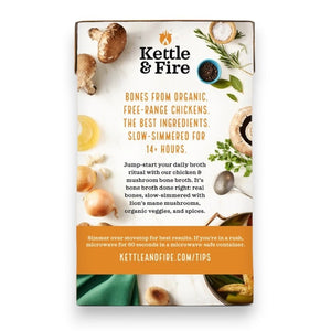 The image displays a carton of KETTLE & FIRE - MUSHROOM CHICKEN BONE BROTH. The label specifies that it includes 10g of protein per serving, is a collagen source, gluten-free, and crafted with organic mushrooms and free-range chicken bones. The carton has a net weight of 16.9 oz (1 lb 0.9 oz) or 479g.