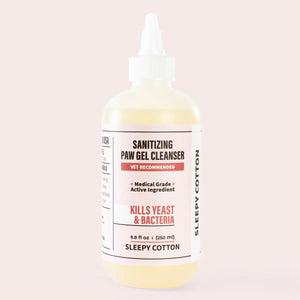 The AFTERWALK SANITIZING PAW GEL by SLEEPY COTTON features a nozzle cap and contains 8.8 fl oz (250 ml). The label highlights "Vet Recommended," "Medical Grade Active Ingredient," and effectively combats paw issues due to bacterial and yeast overgrowth.