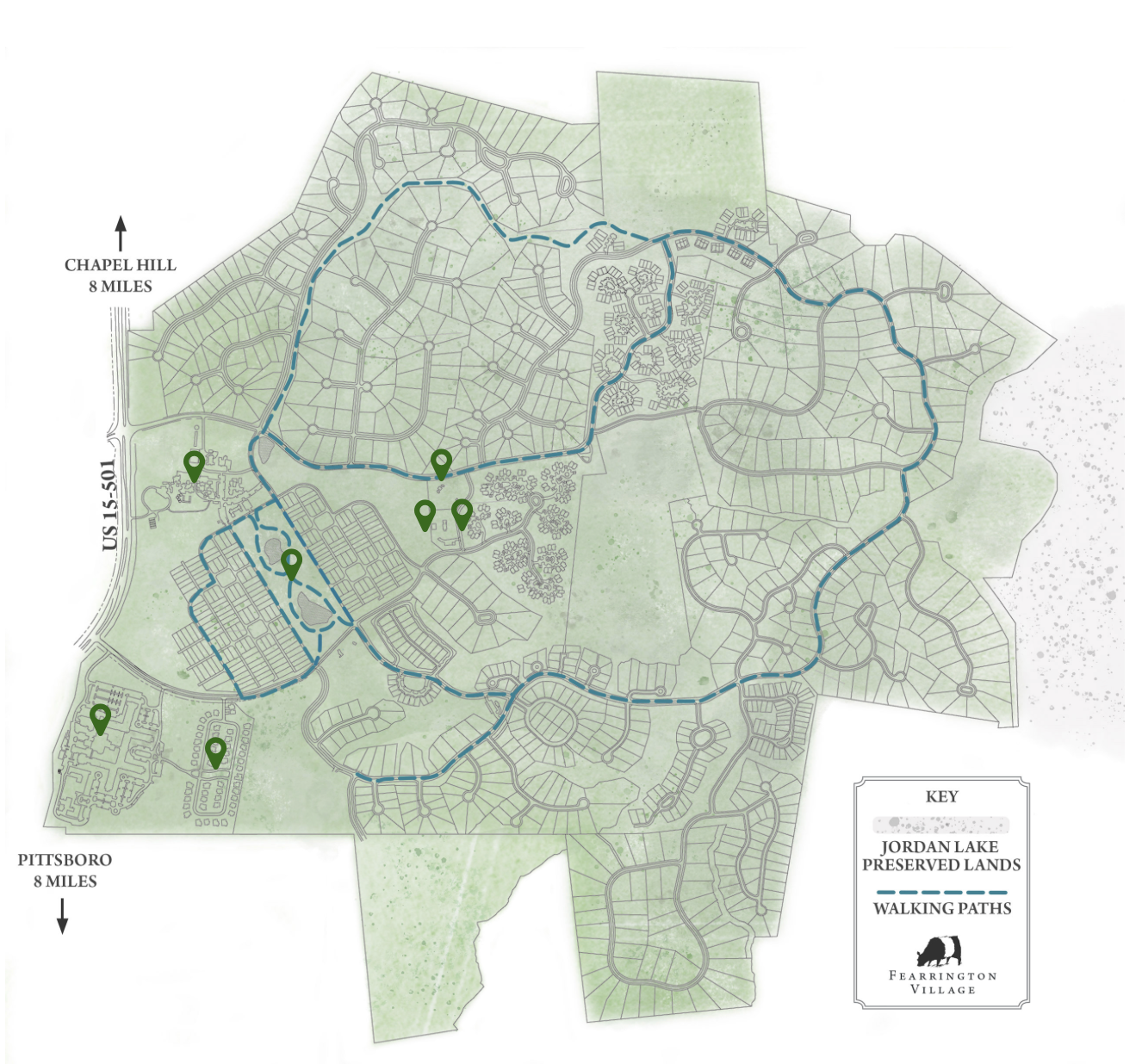 Map of Fearrington Village showing roads, housing, green areas, and walking paths. Green map pins mark preserved lands. US 15-501 runs vertically on the left, with directions to Chapel Hill and Pittsboro. Key in lower right corner.