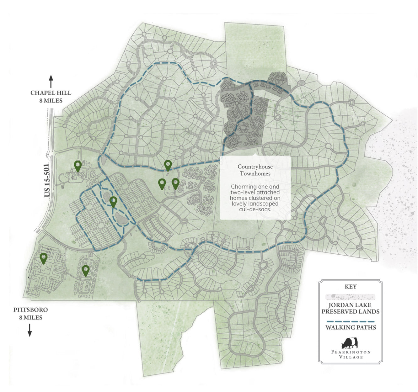 A map of Fearrington Village showing roads, homes, and green walking paths. Key landmarks and preserved lands are marked; nearby towns Chapel Hill and Pittsboro are labeled as 8 miles away. A legend explains map symbols.
