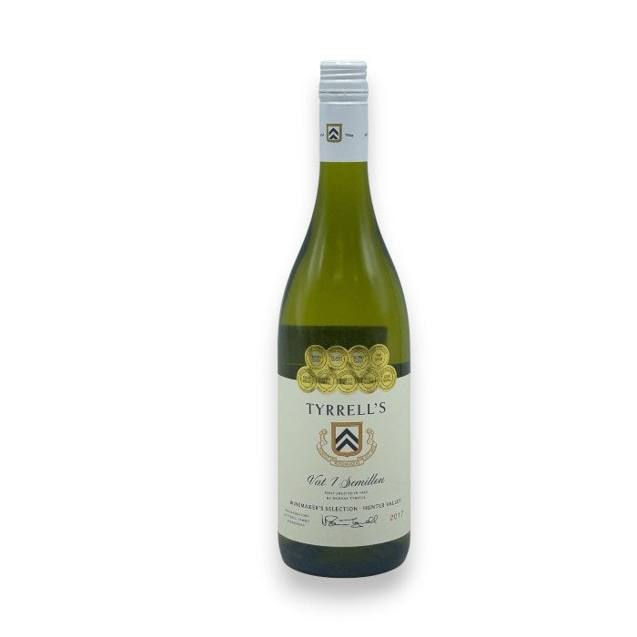 A TYRRELL&#39;S VAT 1 SEMILLION 2017 wine bottle, from the prestigious Hunter Valley by WINE: WINEBOW, features a green and white label with gold medals and distinctive text. It has a green tint and dark green cap, highlighting its New South Wales heritage.