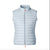 The SAVE THE DUCK - THE ARABELLA VEST is a light gray, sleeveless, padded jacket crafted from lightweight nylon with Plumtech padding and horizontal quilting. It includes a high collar and front zipper for style and functionality against a white background.