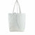 The MIRAMI FIRENZE LEATHER TOTE WITH ZIP CLOSURE is a minimalist white leather tote bag featuring two shoulder-length handles and a sleek, simple design. The tote, made from the softest leather with a slightly textured surface, includes a central vertical seam that extends to form a subtle tassel-like detail. It is shown against a plain white background.