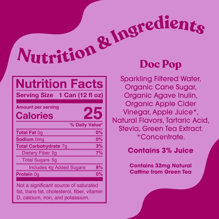 A can of POPPI - DOC POP prebiotic soda is shown. The design features a purple background with abstract bubbles. Infused with apple cider vinegar, this healthy soda promotes digestive health. The text reads, "Poppi," "For a Healthy Gut," and "Be Gut Happy. Be Gut Healthy." The can contains 5g of sugar.