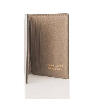 The open gray LEATHER CARD HOLDER by LE BORSETTE features multiple slots. "Genuine Leather Made in Italy" is engraved in the bottom right corner, with its shiny surface reflecting sophistication and fine Italian craftsmanship.