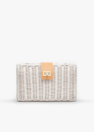 The KAYU - LOU CLUTCH is a rectangular wicker clutch in light tan with a chic tan leather flap and gold-tone turn lock closure, set beautifully against a plain white background. Ideal for any occasion.