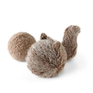 Pictured against a white background is the LAMBWOLF COLLECTIVE - SQUIRREL POP DOG TOY from LAMBWOLF COLLECTIVE. This fluffy, brown canine toy features a design resembling a squirrel's tail and round body. With its fuzzy texture and small ears, it exudes a cute and playful appearance.