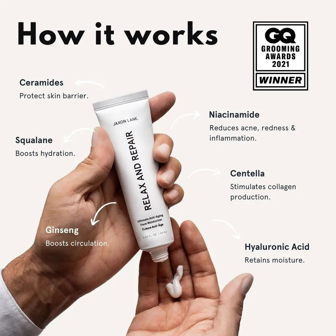 A white tube labeled &quot;JAXON LANE - RELAX AND REPAIR ANTI AGING FACE MOISTURIZER&quot; stands beside a matching black box. This fragrance-free men&#39;s moisturizer from JAXON LANE contains 2.03 fl. oz. (60 ml) of product.