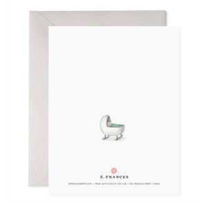 The NEW MAMAS ROCK GREETING CARD by E.FRANCES PAPER showcases a handcrafted watercolor painting of a rocking chair alongside the words: "New mamas rock and rock and rock and rock and love and love and love and love." This charming card comes with a gray envelope.