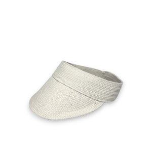 The BEACH HARE - JUNIE VISOR from BEACH HARE is a white woven golf visor featuring a wide, curved brim and an open top. The material showcases a textured weave pattern, and the visor boasts a simple, elegant design perfect for sunny weather on the tennis court. The background is plain white.