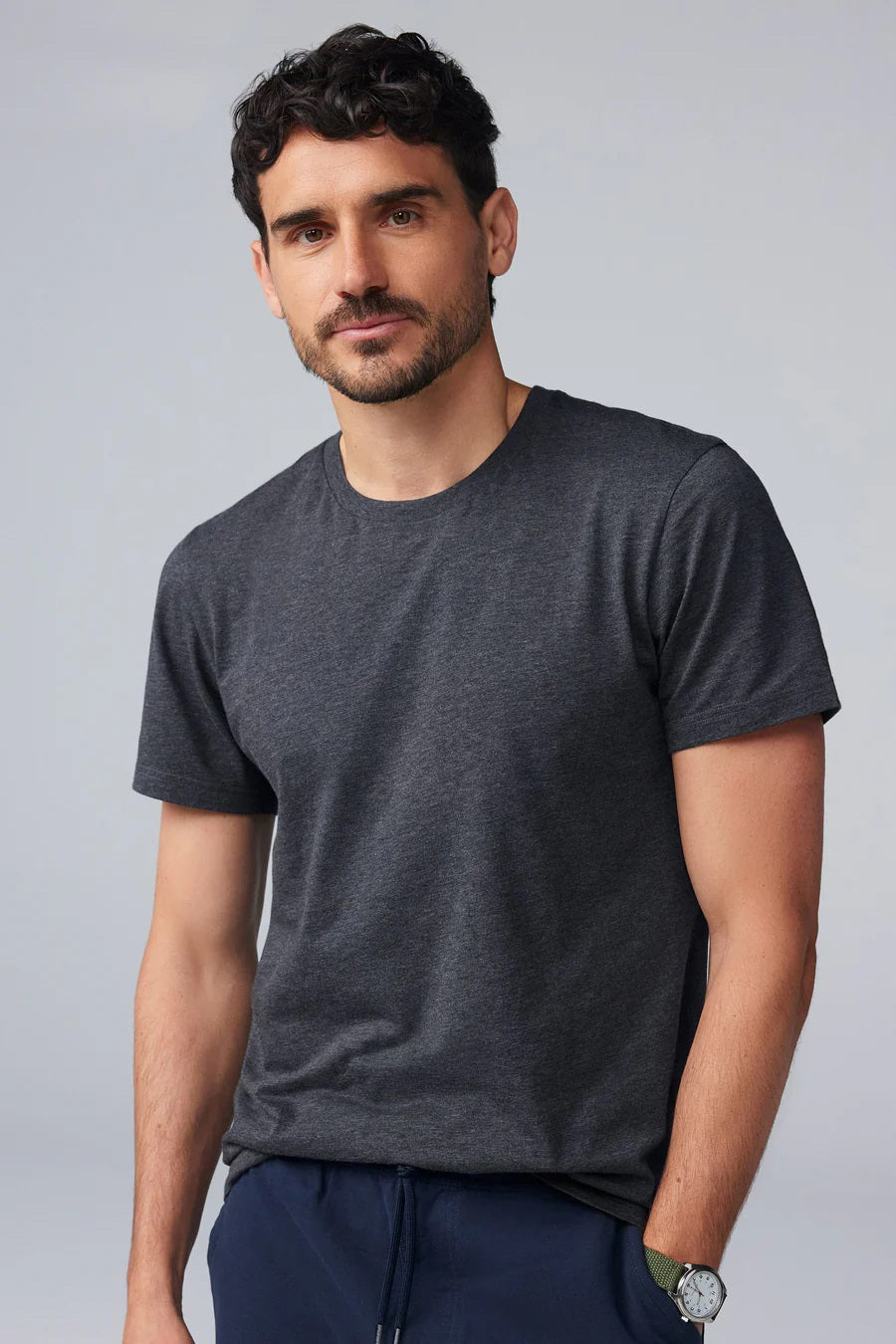 The MACK WELDON PIMA CREW NECK T-SHIRT, a short-sleeved navy blue tee made from soft Pima cotton, is laid flat on a white background.