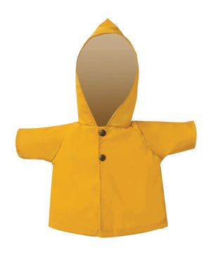 The DINKUM DOLL AHOY RAINCOAT by OLLI ELLA USA is a small yellow waterproof raincoat with a hood and two black buttons on the front, perfect for a child or a Dinkum Doll. Shown against a plain white background, this raincoat is ideal for any Rainy Play Set adventure.