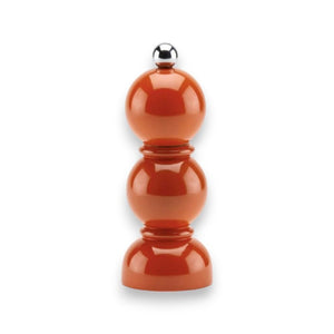 An orange-colored Addison Ross London - Mini Bob Salt or Pepper Mill (14cm) featuring a glossy lacquer finish, a round silver knob on top, and a stacked spherical design with a wide, rounded base. The ceramic mechanism guarantees durability. The background is plain white.