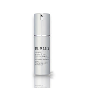 A sleek, white bottle of ELEMIS - Dynamic Resurfacing Super-C Serum from ELEMIS - Steiner is shown. Featuring a pump dispenser, the label text indicates it is a brightening antioxidant serum with Tri-Enzyme technology designed to illuminate the skin.