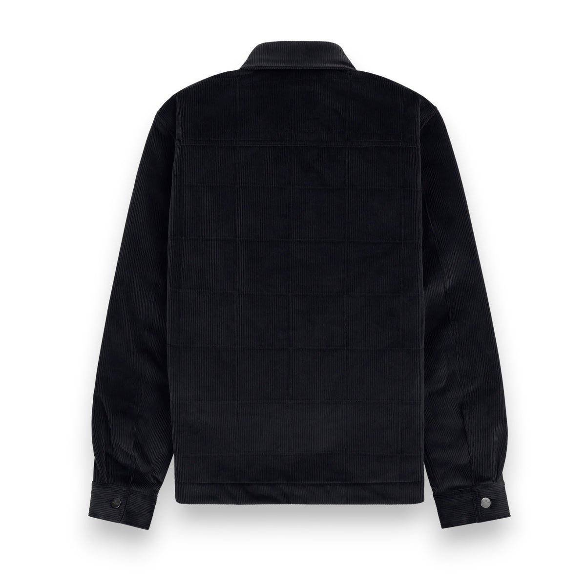 The AMUNDSEN SPORTS Nordcord Jacket is a black stretch cotton corduroy jacket with a button-up front, two button-flap chest pockets, straight collar, and long sleeves, shown on a plain white background.