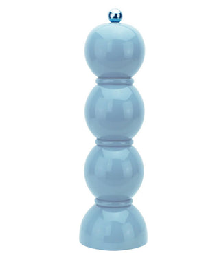 The ADDISON ROSS LONDON - Bobbin Salt or Pepper Mill 24cm is a four-tiered grinder in periwinkle blue with a glossy, sculptural design featuring a metallic blue knob.