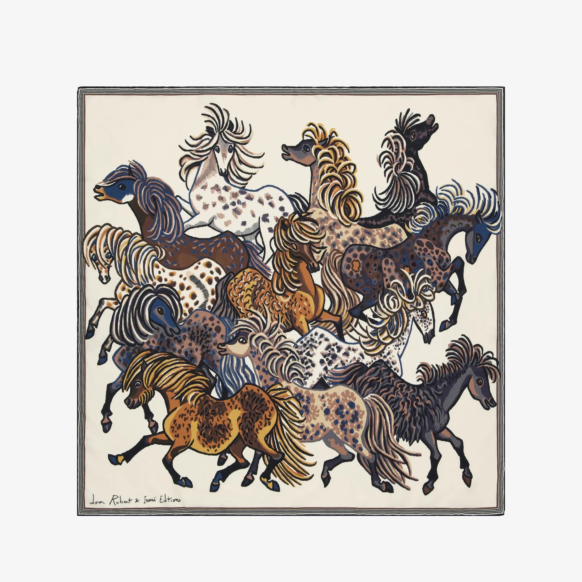 The INOUI EDITIONS - WESTERN SQUARE SILK SCARF by INOUI showcases a vibrant, detailed illustration of horses in dynamic poses. Each horse is adorned with distinct patterns like spots, stripes, and swirls that evoke the elegance of silk fabric designs. Set against a plain background, this versatile piece of art is signed at the bottom.